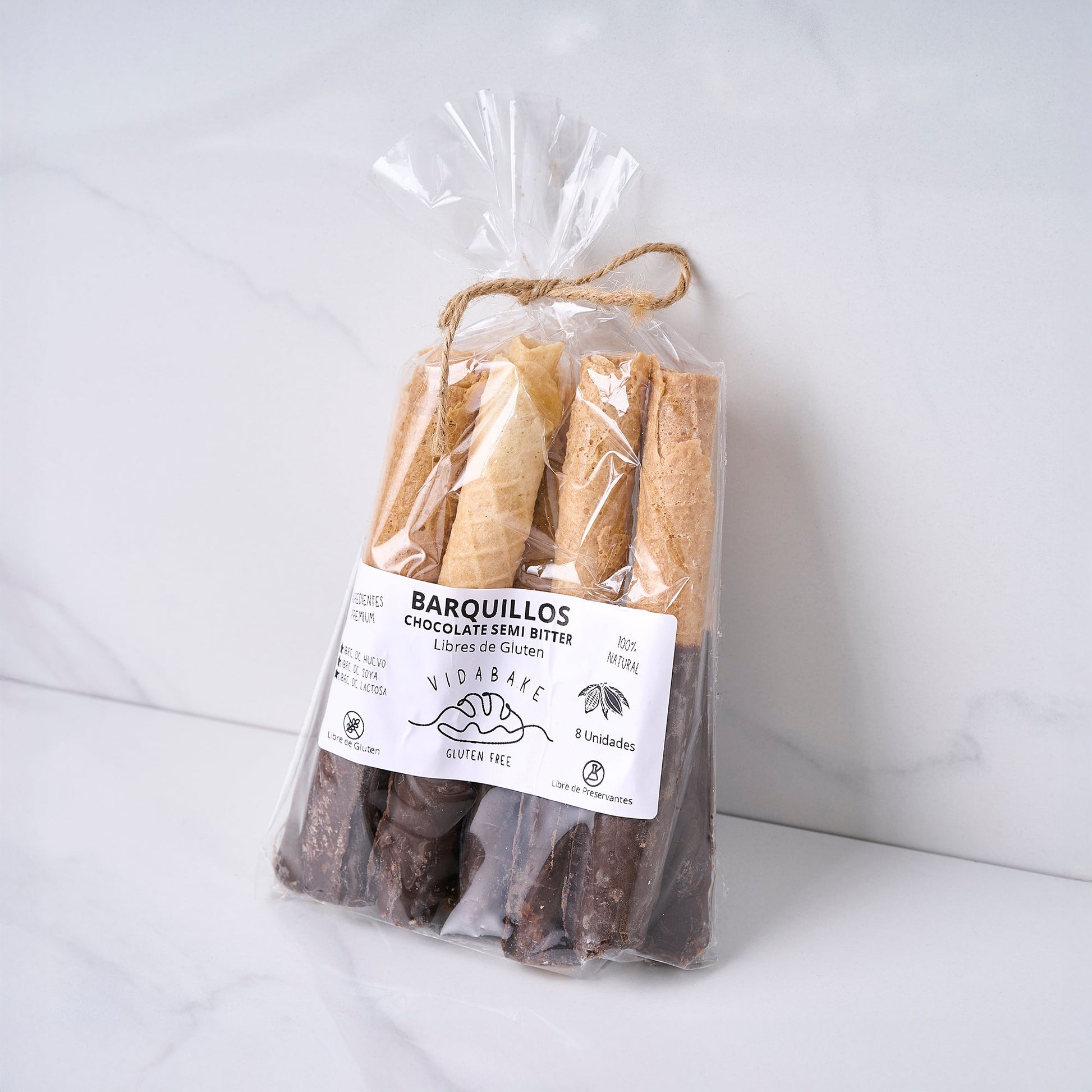 Barquillos Libres de Gluten con Baño de Chocolate Semi Bitter 8 unidades - Vida Bake